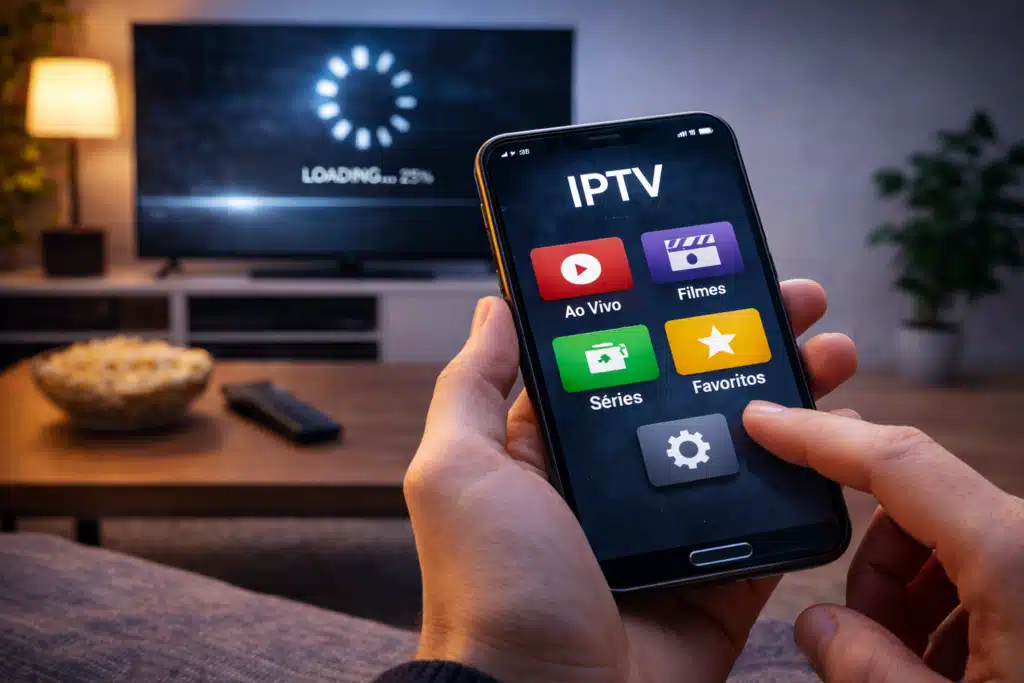IPTV trava? Principais causas e como evitar travamentos 3 iptv Aplicativo IPTV sendo utilizado para assistir streaming em uma smart TV