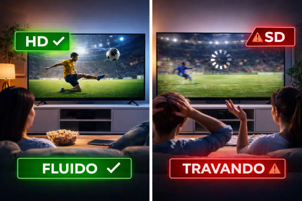 IPTV trava? Principais causas e como evitar travamentos 2 iptv Comparação entre streaming fluido e streaming travando durante transmissão ao vivo