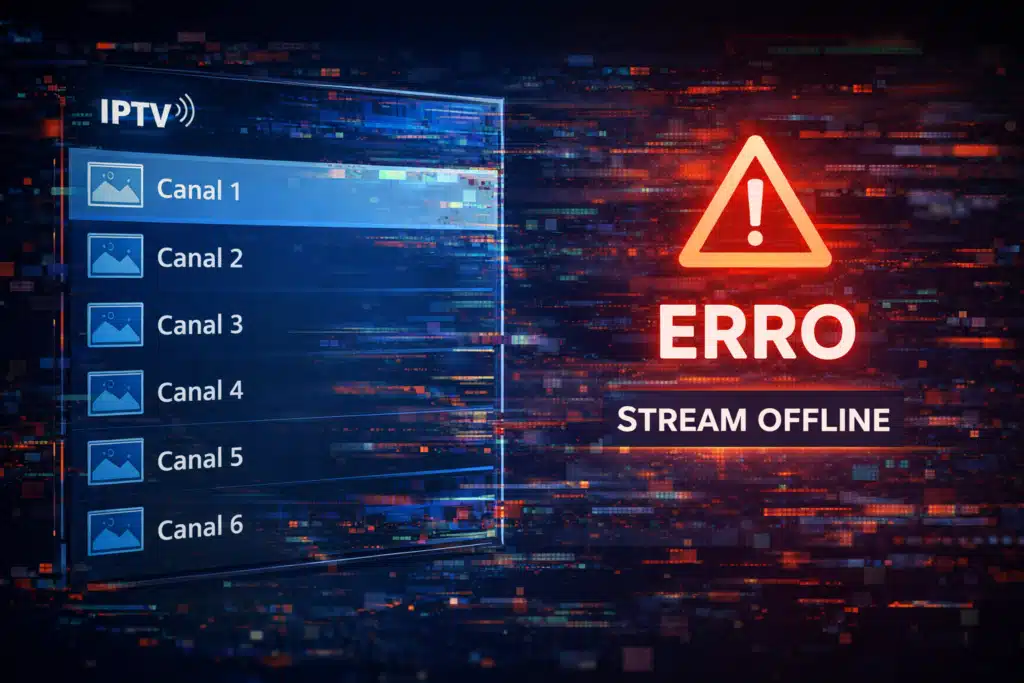 IPTV trava? Principais causas e como evitar travamentos 4 iptv Lista IPTV instável com aviso de stream offline durante transmissão