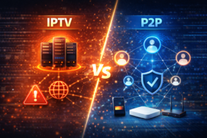 Comparação entre IPTV x P2P mostrando diferenças de estabilidade, funcionamento e limitações