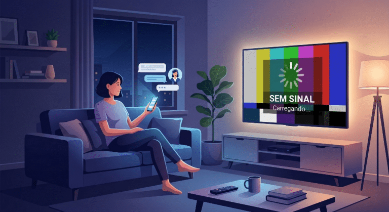 Ilustração representando suporte ao cliente em serviço IPTV com usuário assistindo TV e conversando com atendimento pelo celular